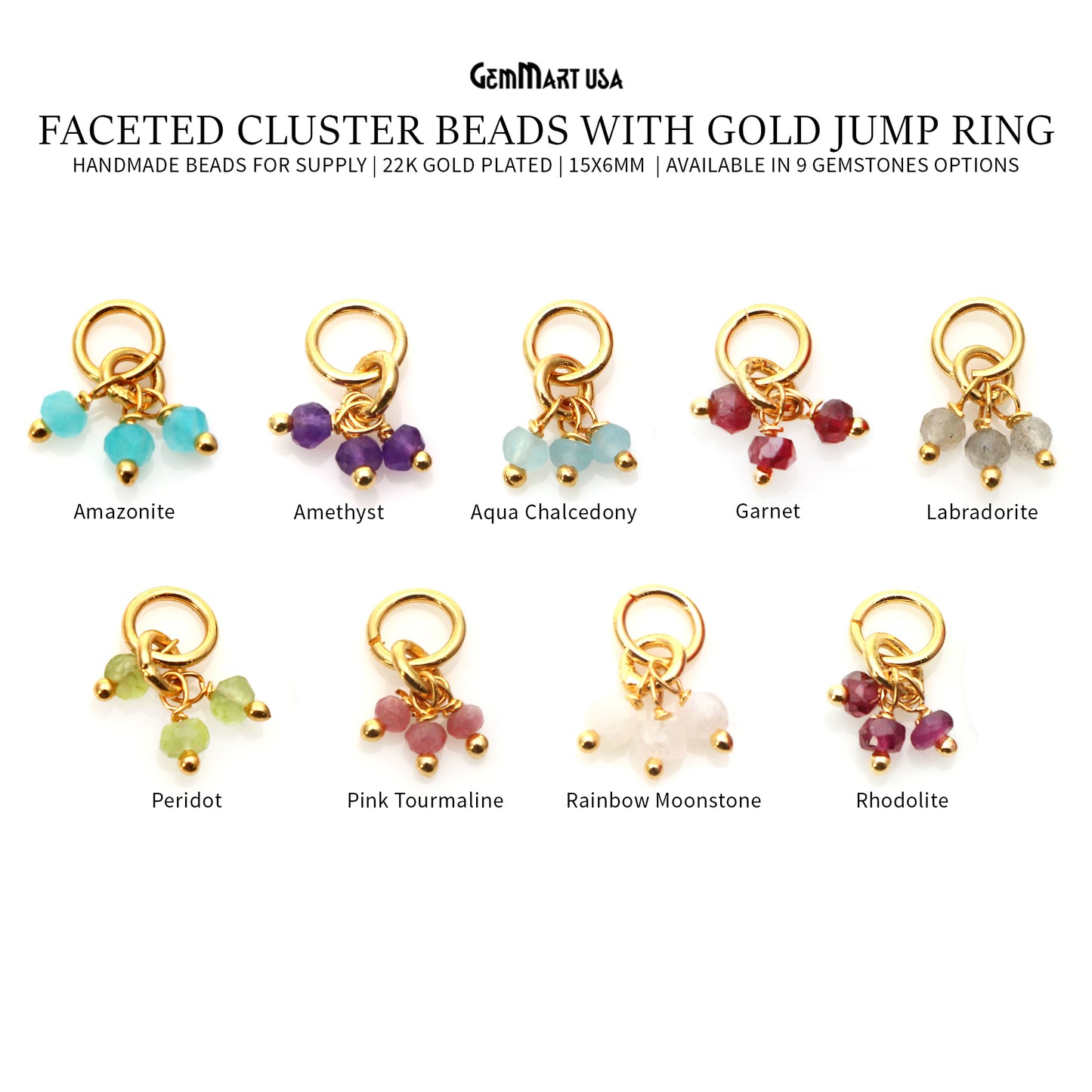 Faceted Gemstone Cluster Beads With Gold Jump Ring 15x6mm