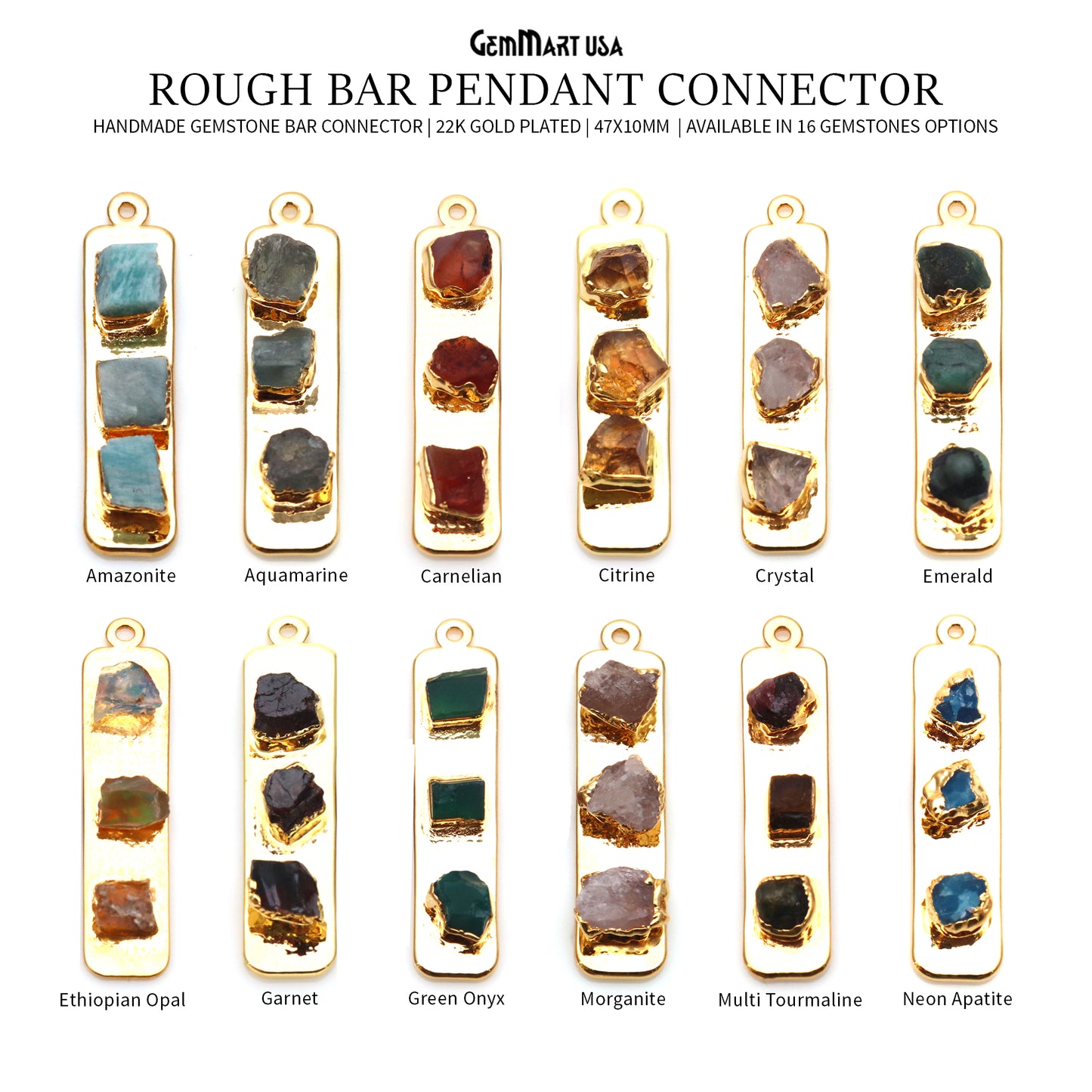 Rough Gemstone Gold Electroplated Rectangle 47x10mm Gemstone Bar Necklace Pendant Connector