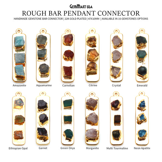 Rough Gemstone Gold Electroplated Rectangle 47x10mm Gemstone Bar Necklace Pendant Connector