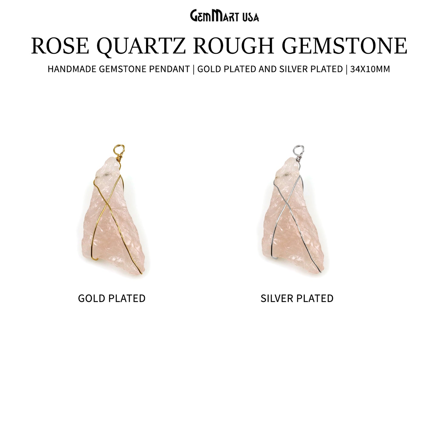 Rose Quartz Rough Gemstone 34x10mm Wire Wrapped Necklace Pendant