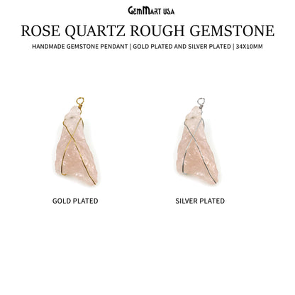 Rose Quartz Rough Gemstone 34x10mm Wire Wrapped Necklace Pendant