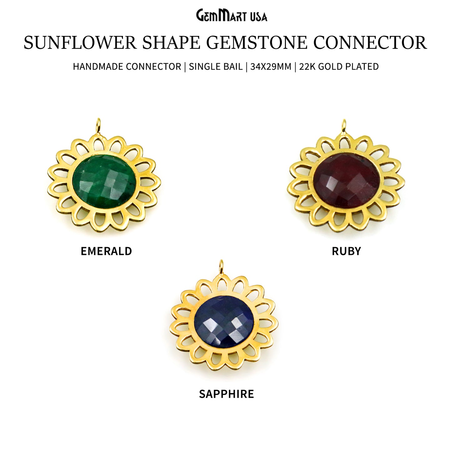 Sunflower Shape 34x29mm Single Bail Gold Plated Gemstone Connector Pendant