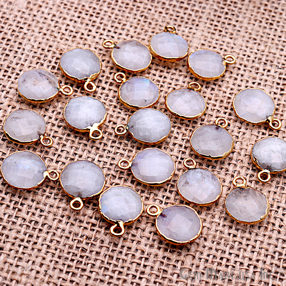 Rainbow Moonstone Round 12mm Gold Edged Gemstone Connector (Pick Your Bail & Lot) - GemMartUSA