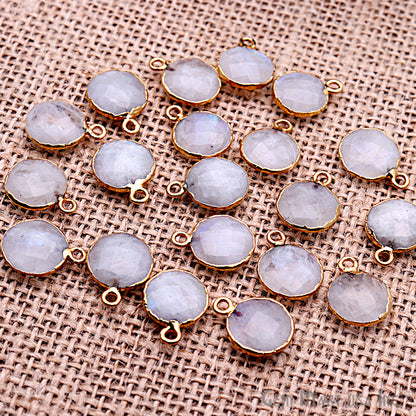 Rainbow Moonstone Round 12mm Gold Edged Gemstone Connector (Pick Your Bail & Lot) - GemMartUSA