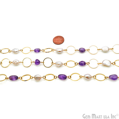 Amethyst & Pearl With Gold Plated Round Finding Rosary Chain