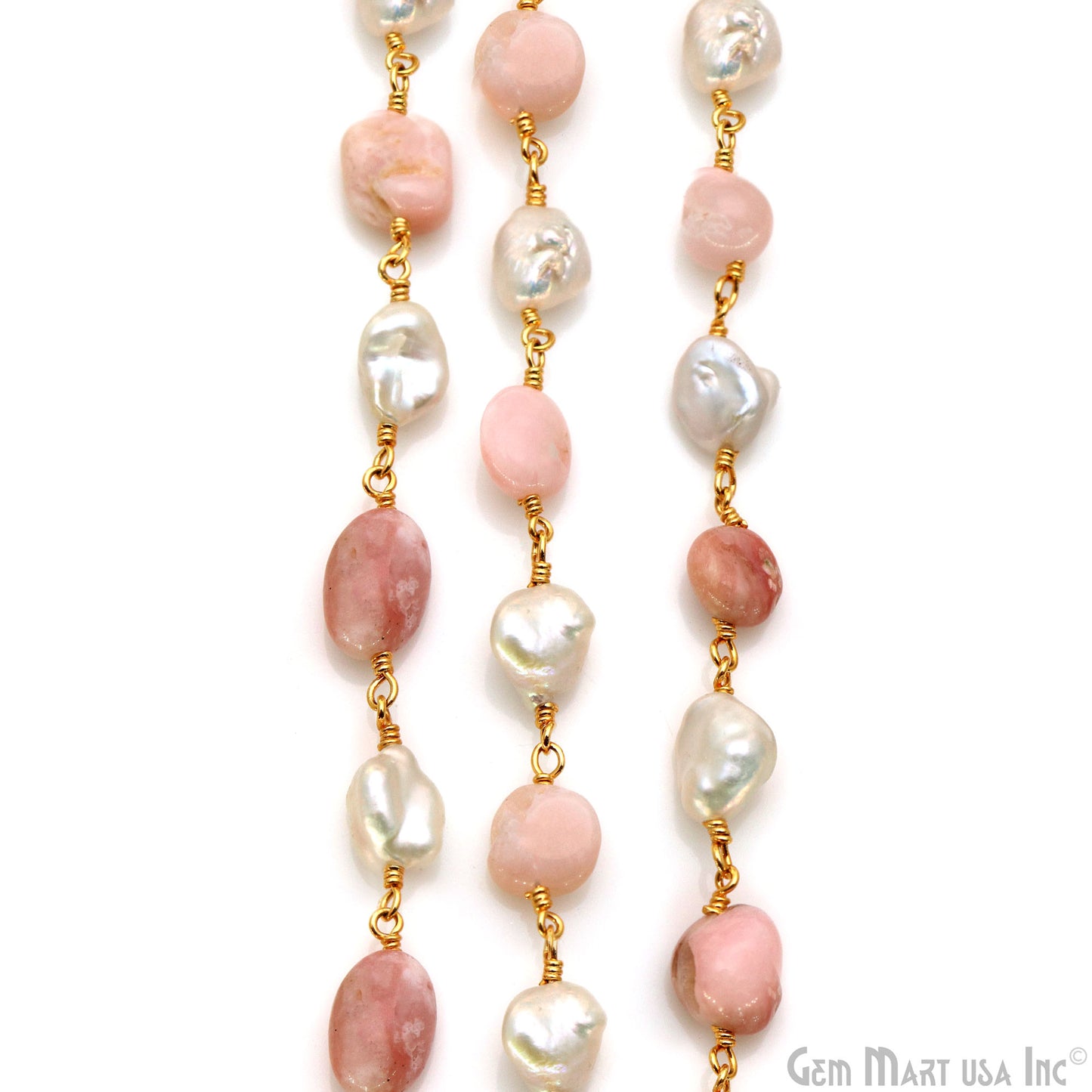 Pink Opal Tumble Beads 8x5mm & Pearl 5-6mm Beads Gold Plated Rosary Chain