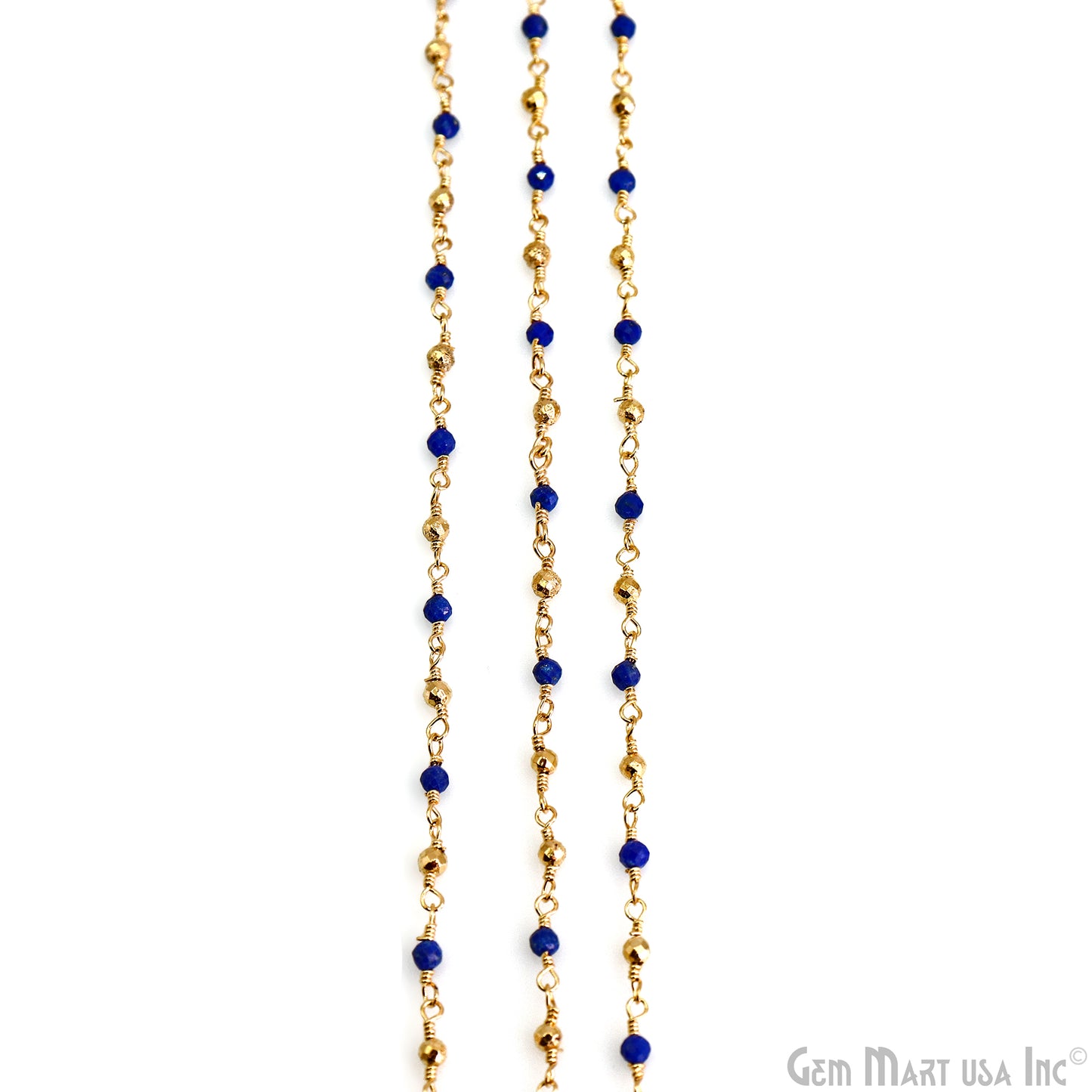 Lapis & Golden Pyrite 2-2.5mm Tiny Beads Gold Plated Wire Wrapped Rosary Chain