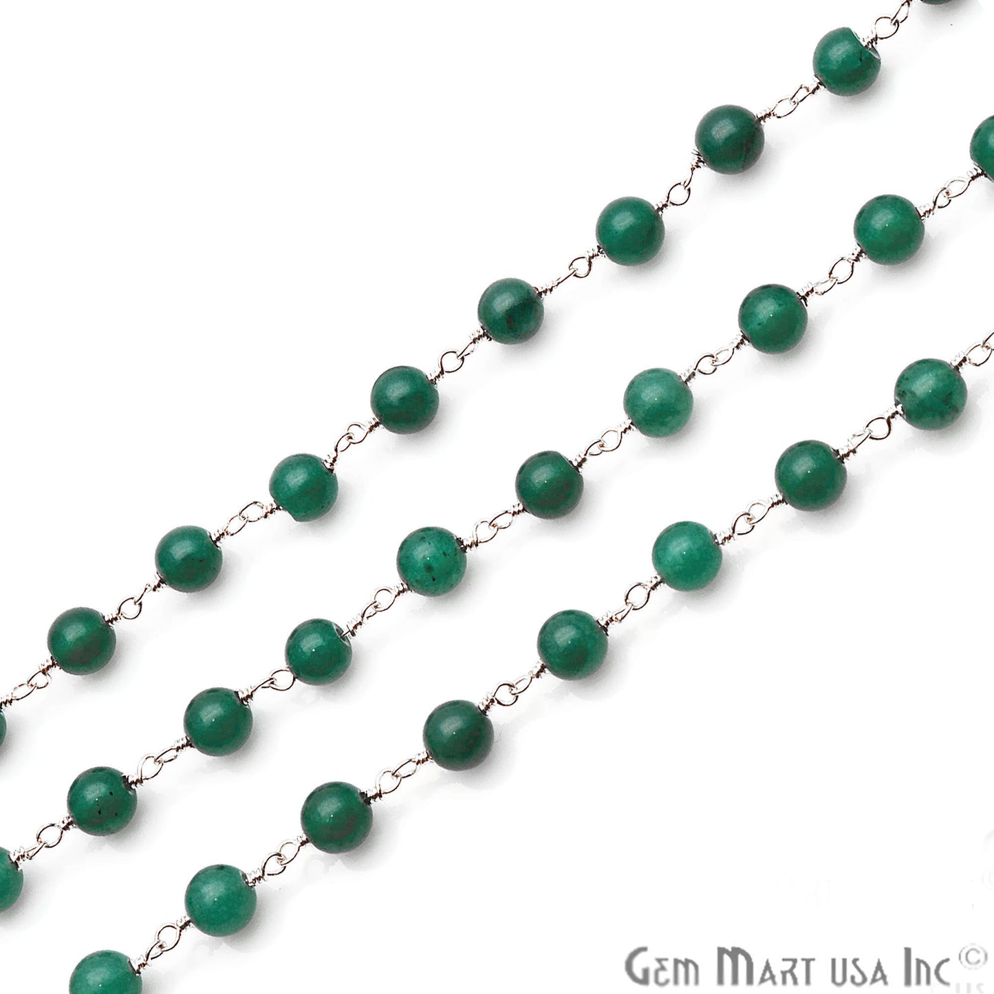 Green Jade Smooth Beads 6mm Silver Plated Wire Wrapped Rosary Chain - GemMartUSA