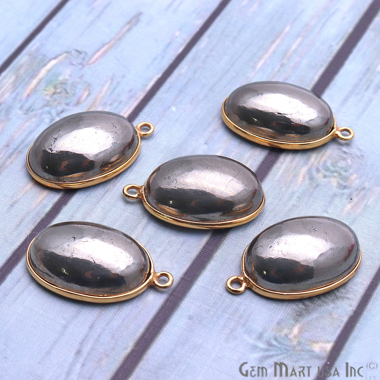 Pyrite Oval Cabochon 13x18mm Gold Plated Single Bail Connector - GemMartUSA