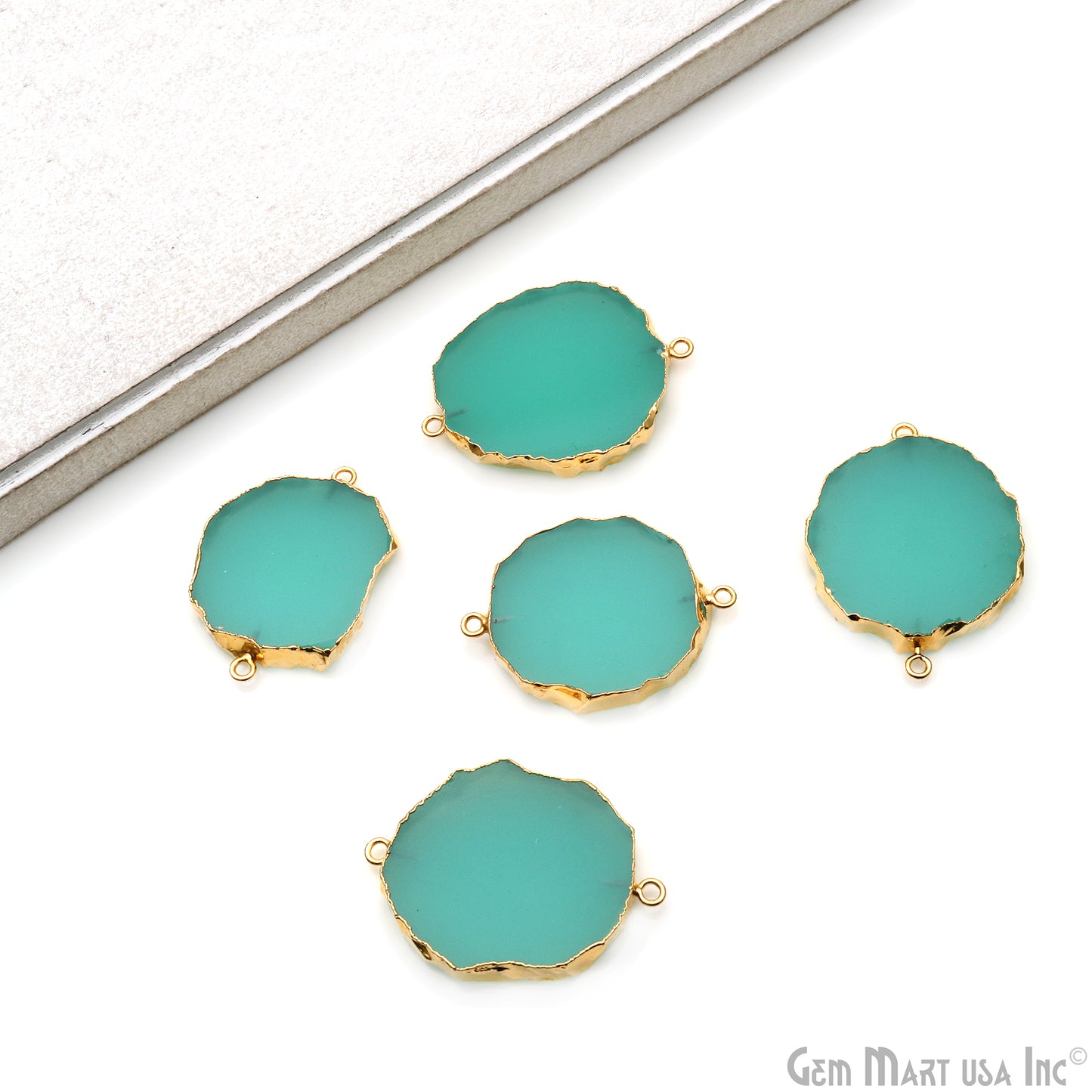 Aqua Chalcedony Petite Flat 40x29mm Gold Electroplated Single Bail Connector