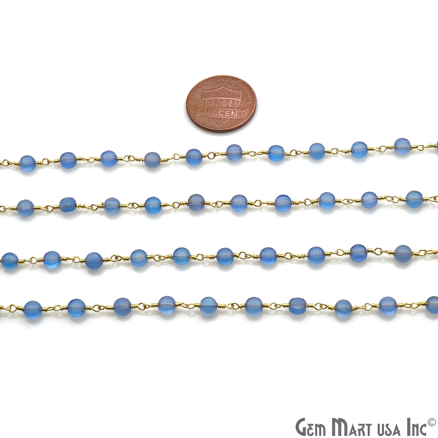 Sky Blue Chalcedony Faceted 3-4mm Gold Wire Wrapped Rosary Chain - GemMartUSA