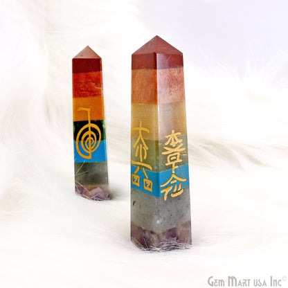 7 Chakra Tower Rectangle Engraved Symbols Reiki Healing Meditation Gemstones 4 Inch