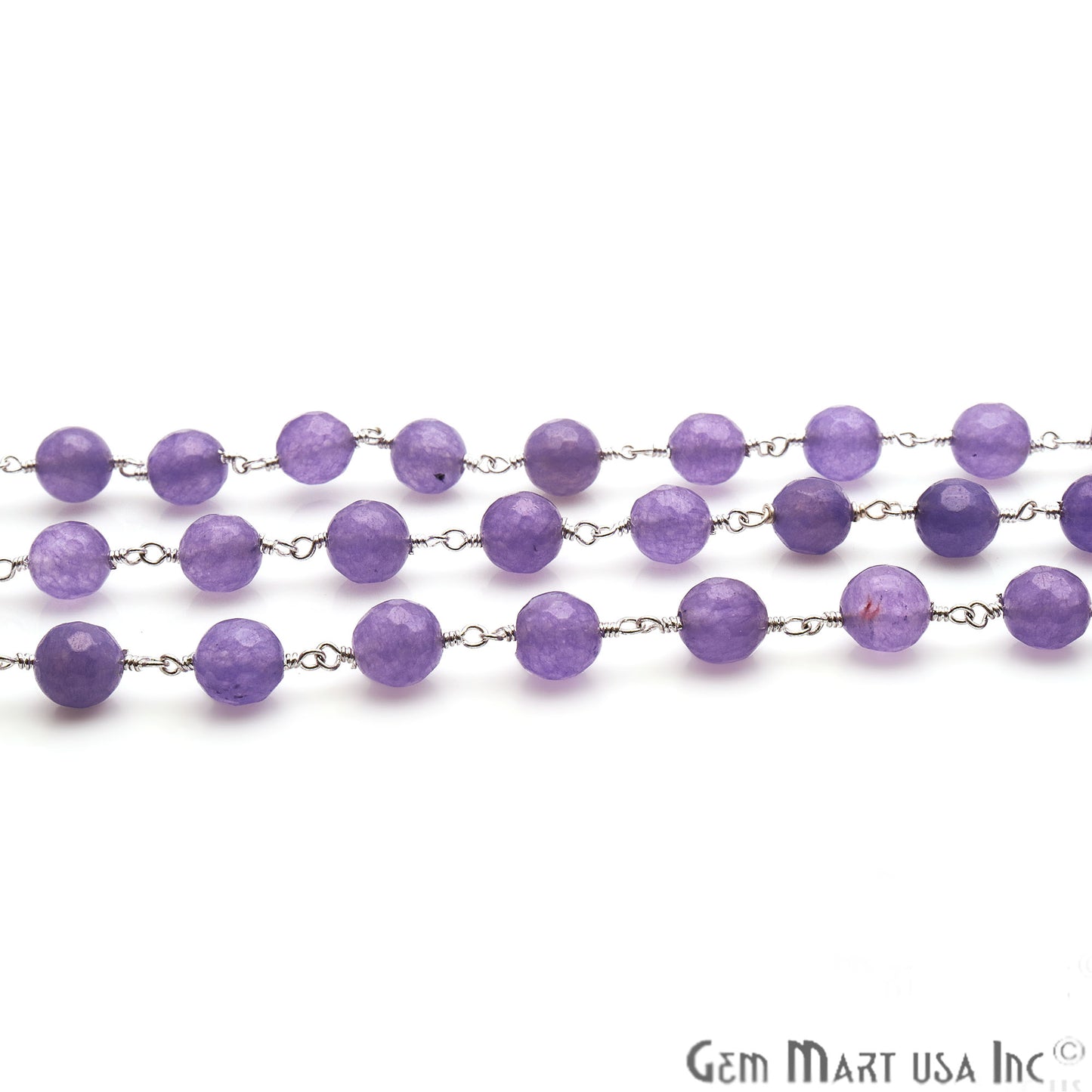 Dark Lavender Jade Faceted 8mm Silver Plated Wire Wrapped Rosary Chain - GemMartUSA