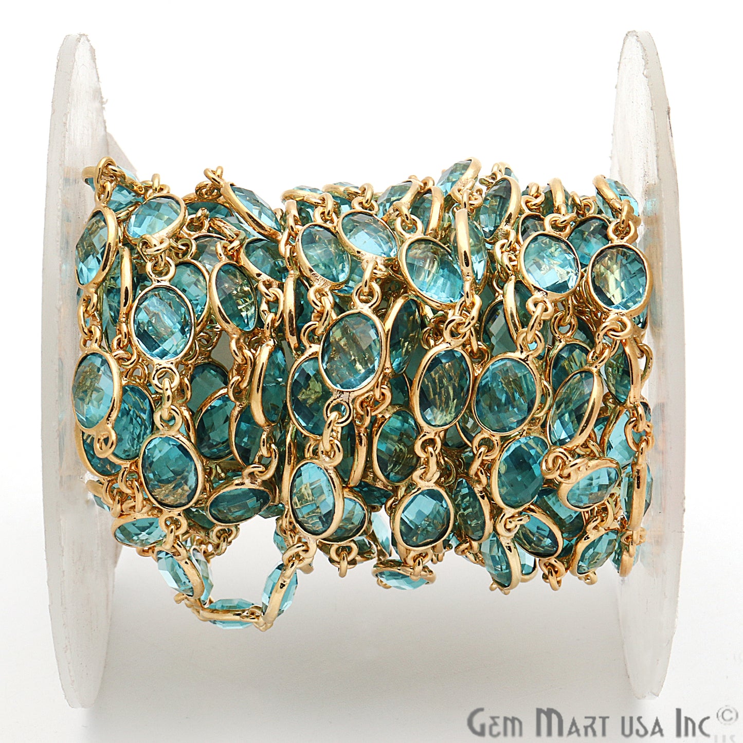 Blue Topaz 7x5mm Oval Bezel Link Gold Plated Continuous Connector Chain - GemmartUSA