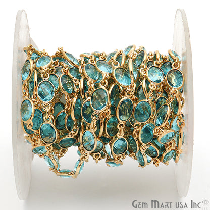 Blue Topaz 7x5mm Oval Bezel Link Gold Plated Continuous Connector Chain - GemmartUSA
