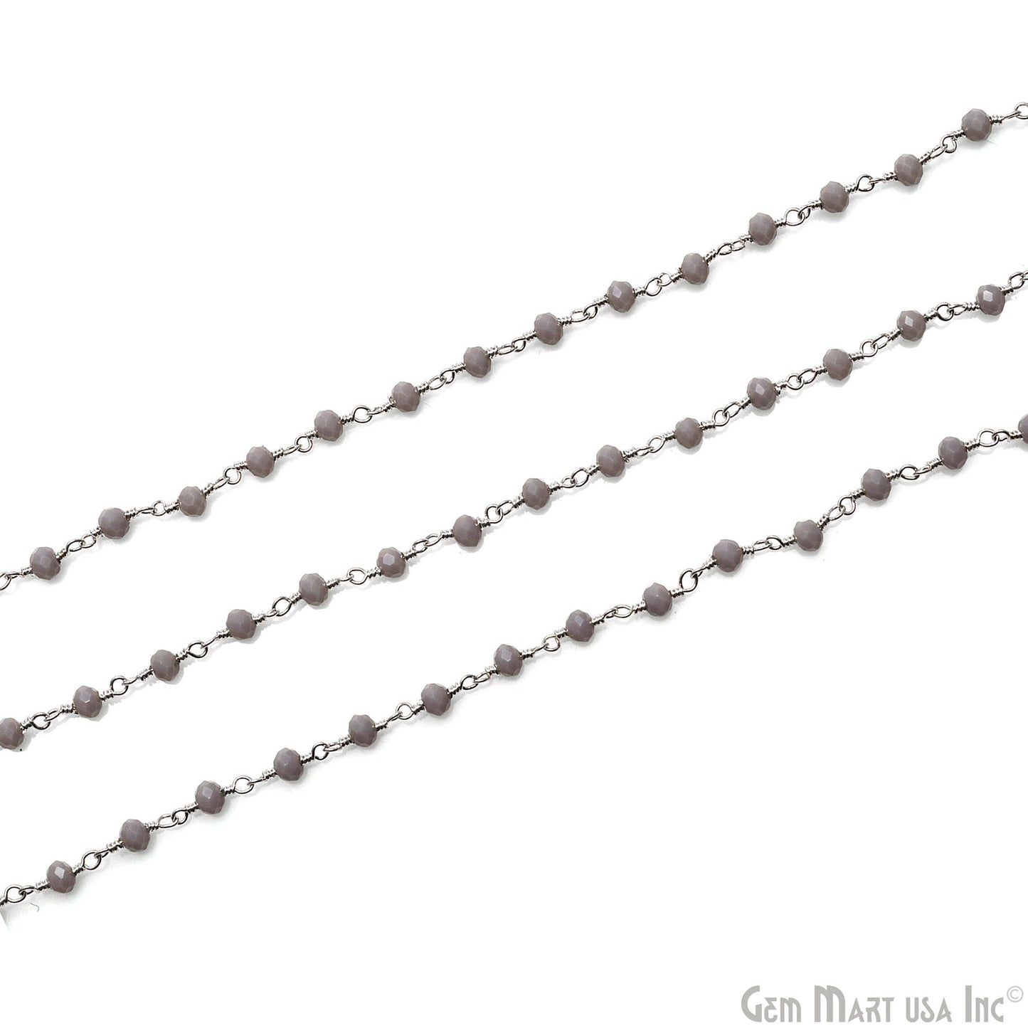 Coated Grey Jade 3-3.5mm Silver Plated Wire Wrapped Rosary Chain