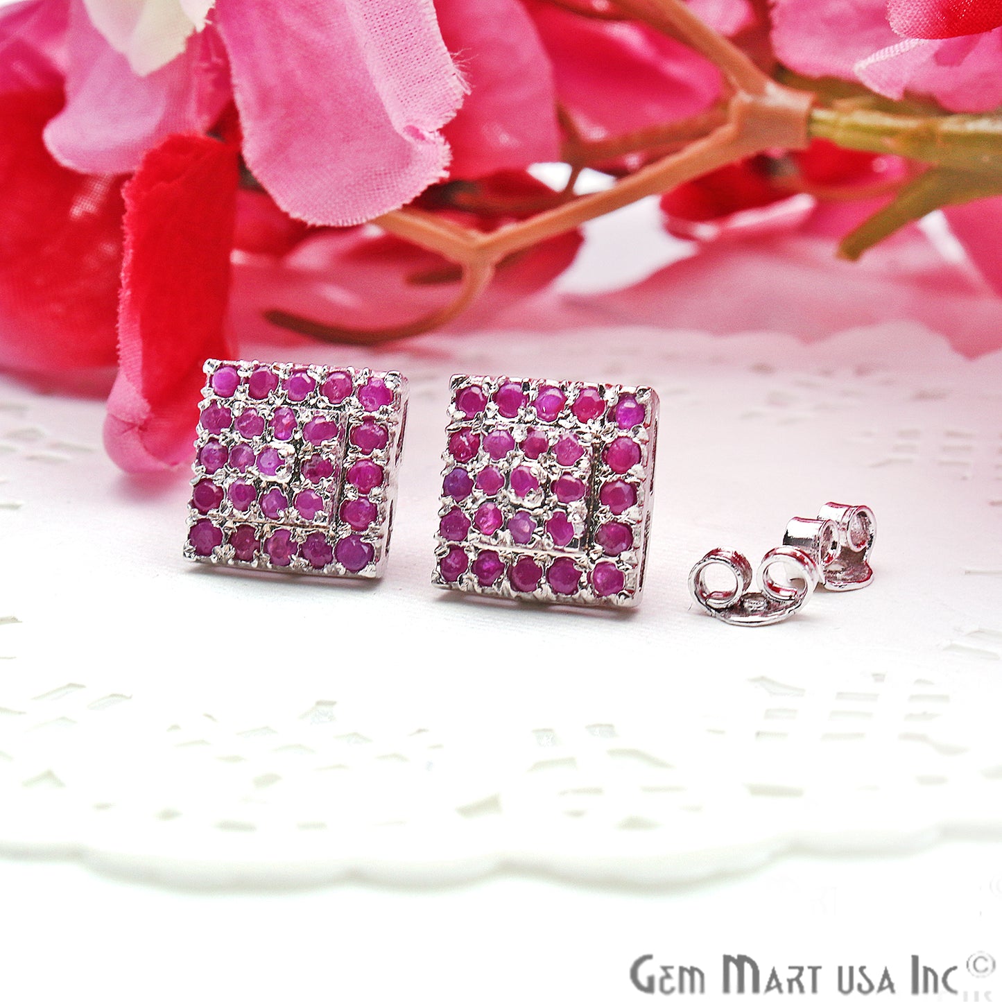 Ruby 12mm Sterling Silver Square Shape Stud Earring - GemMartUSA