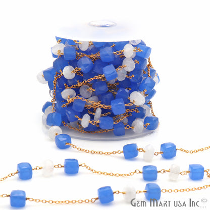 Rainbow Moonstone 8-9mm Blue Chalcedony 7-8mm Beaded Gold Plated Wire Wrapped Rosary Chain