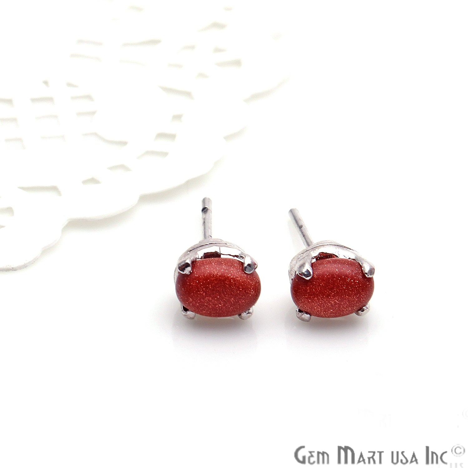 Sunstone 6x4mm Sterling Silver Oval Shape Prong Setting Stud Earring - GemMartUSA