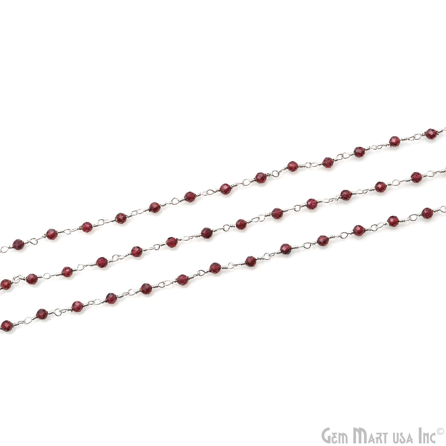 Rhodolite 3-3.5mm Silver Plated Beaded Wire Wrapped Rosary Chain