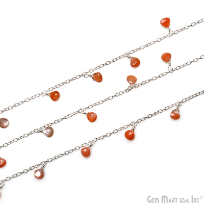 Peach Moonstone Heart 5mm Silver Wire Wrapped Dangle Rosary Chain