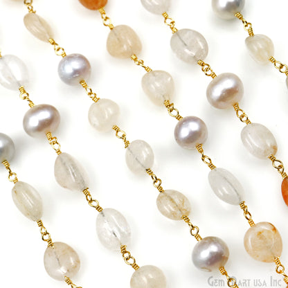 Sunstone Tumble & Gray Pearl Gold Plated Wire Wrapped Rosary Chain