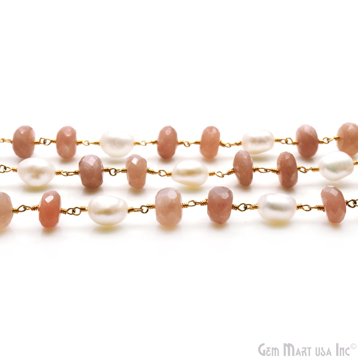 Peach Moonstone & Pearl Faceted 10-11mm Beads Gold Plated Wire Wrapped Rosary Chain