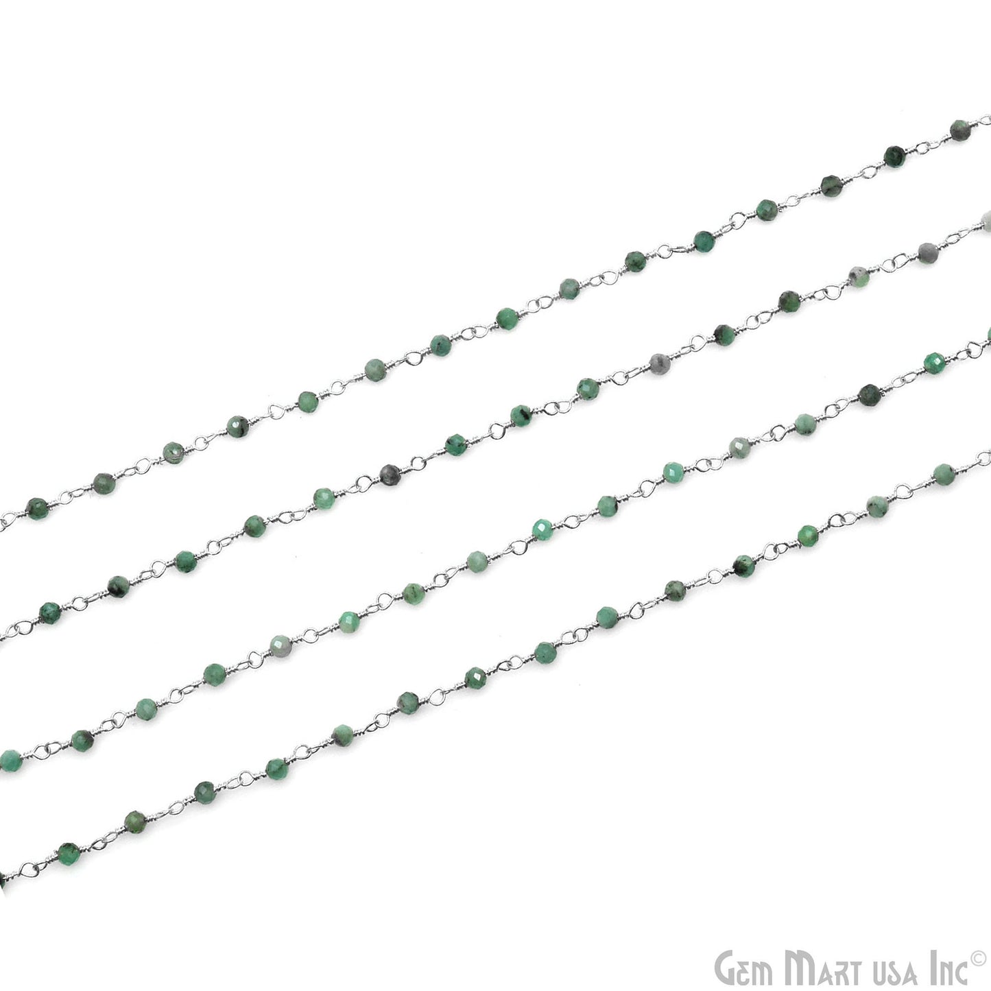 Emerald Faceted 2-2.5mm Tiny Beads Silver Plated Wire Wrapped Rosary Chain