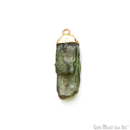 Green Kyanite Gemstone 34x10mm Organic Shape Gold Edged Single Bail Connector Charm