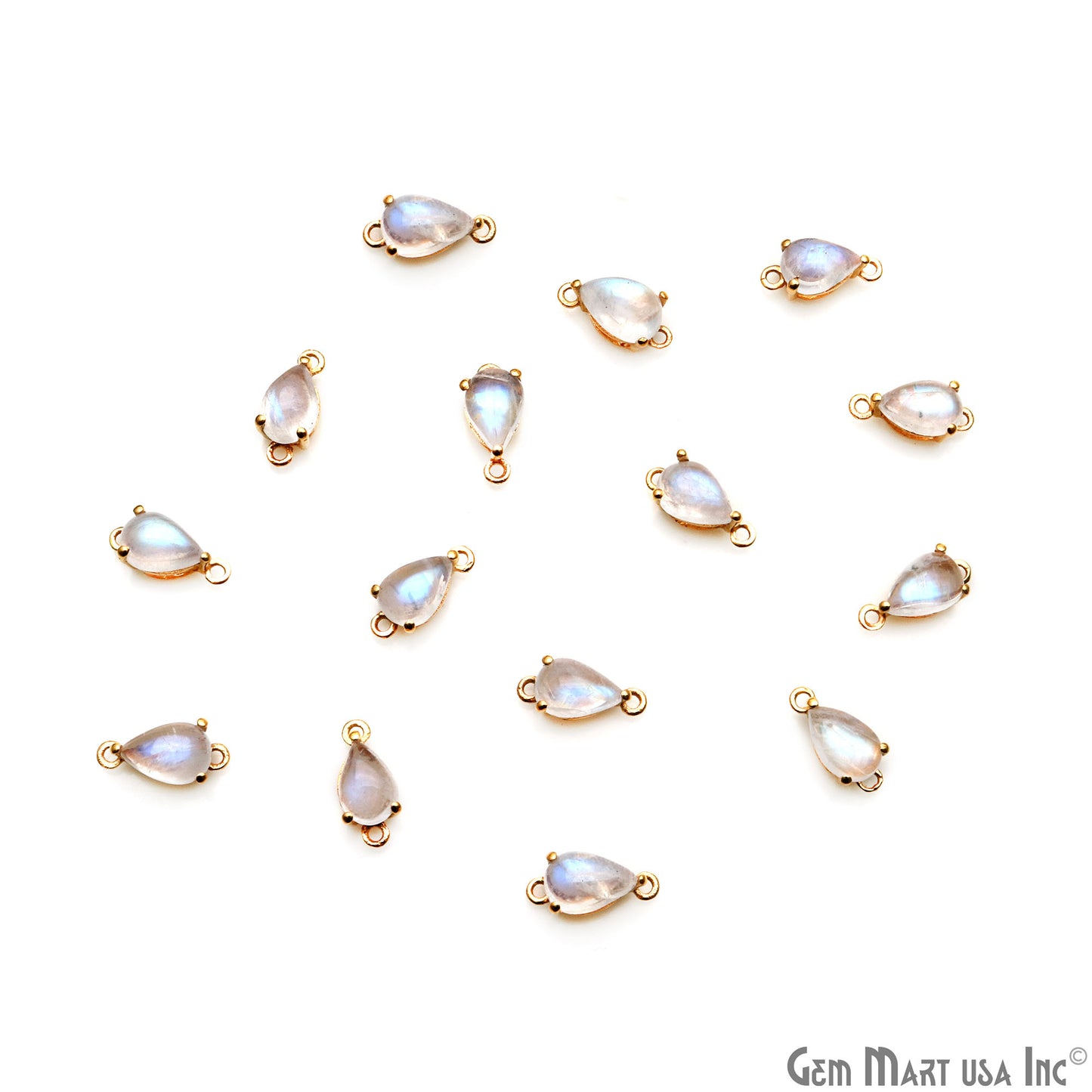 Rainbow Moonstone Cabochon Pears 6x9mm Prong Gold Plated Double Bail Connector