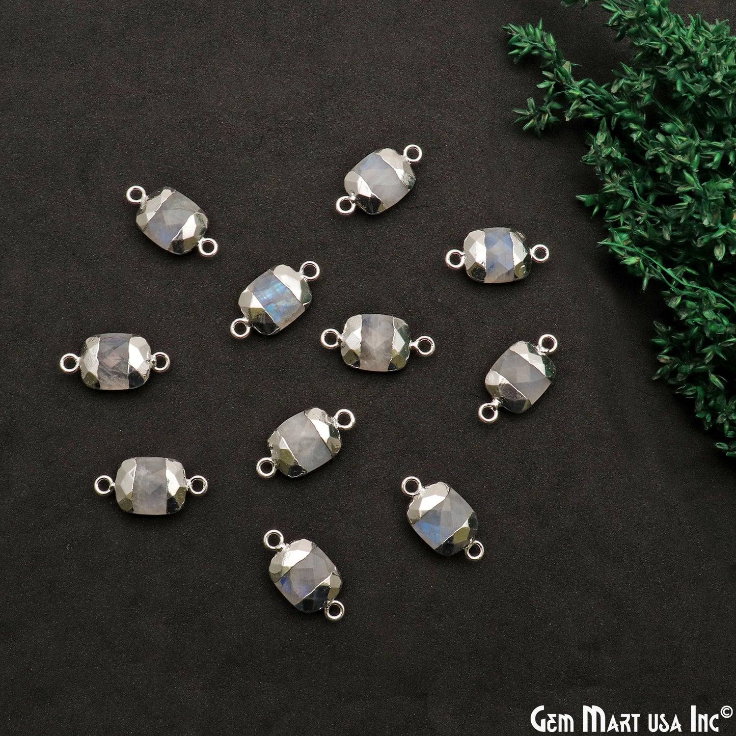 Rainbow Moonstone Octagon 9x11mm Silver Electroplated Double Bail Gemstone Connector