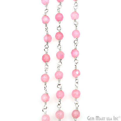 Light Pink Jade Beads 4mm Silver Plated Wire Wrapped Rosary Chain