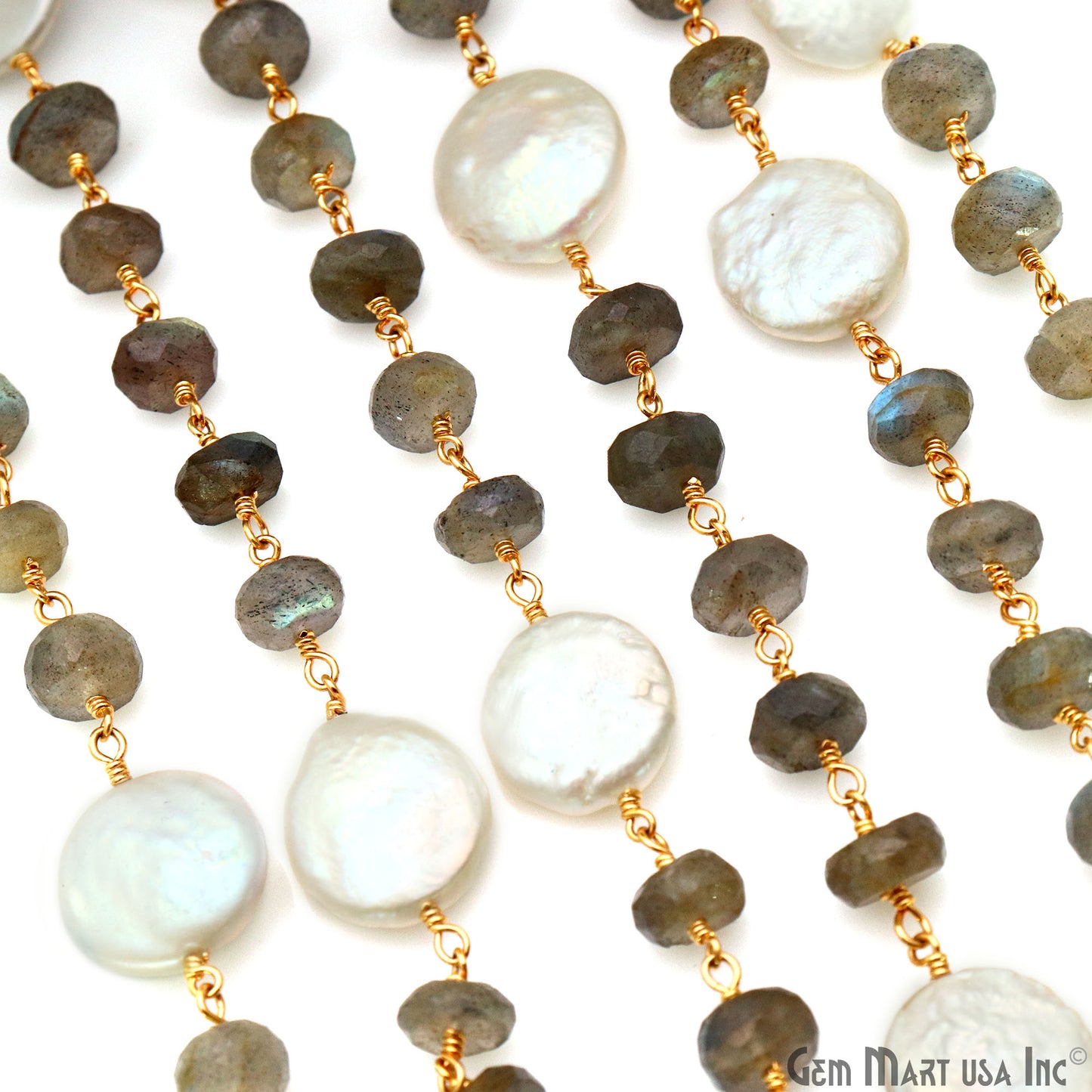 Labradorite Rondelle Beads 7-8mm & Pearl 13mm Beads Gold Plated Rosary Chain