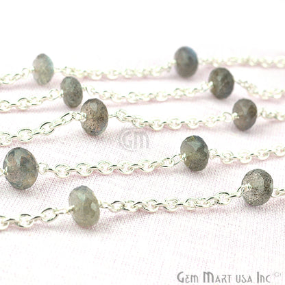 Labradorite Rondelle Beads Chain, Silver Plated Wire Wrapped Rosary Chain (763875164207)