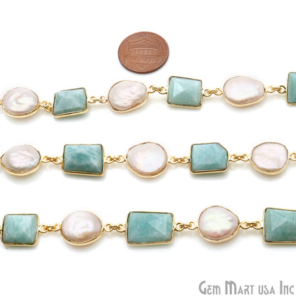 Amazonite And Pearl Bezel Gold Plated 10-15mm Continuous Connector Chain - GemMartUSA