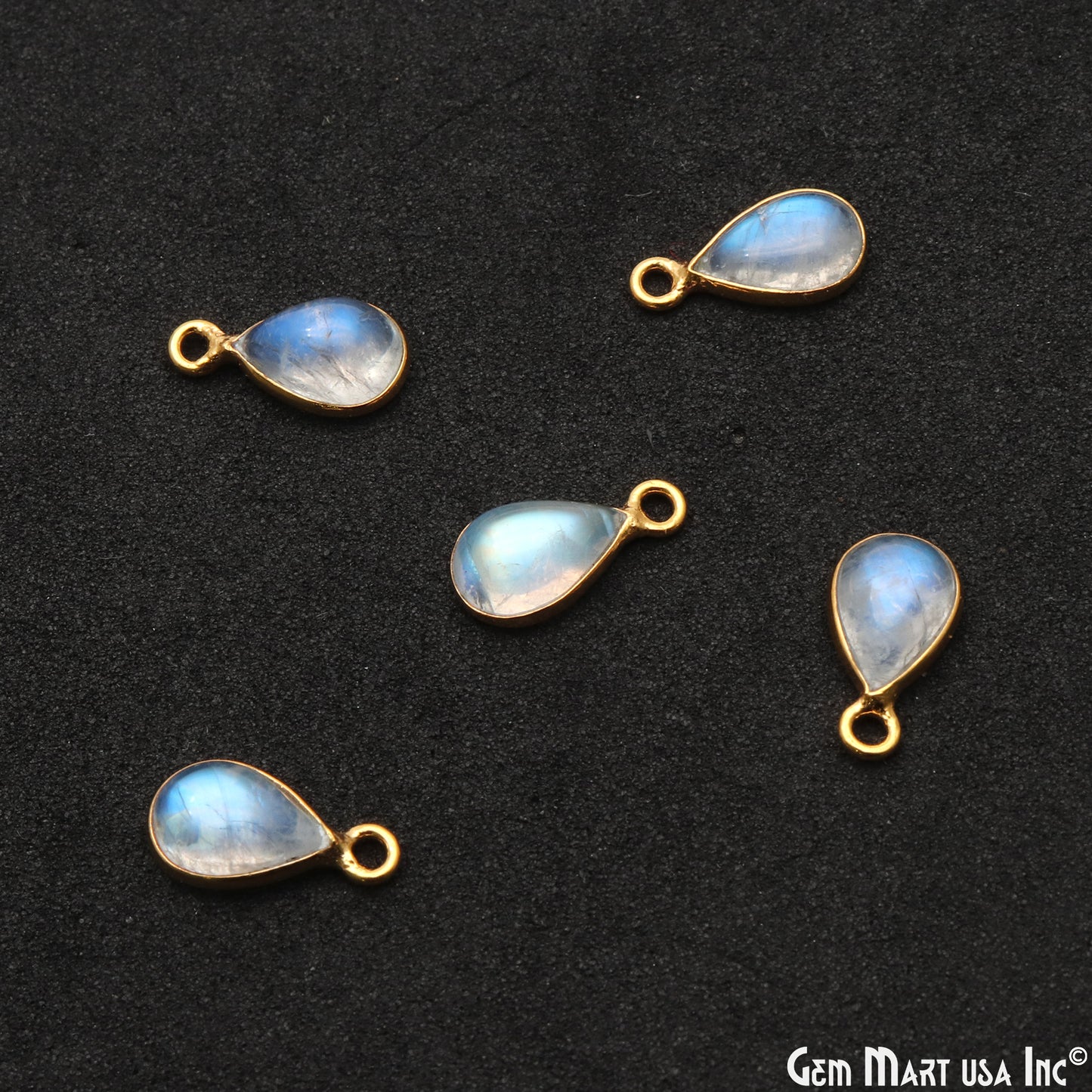 Rainbow Moonstone Cabochon 6x9mm Pears Single Bail Gold Bezel Connector