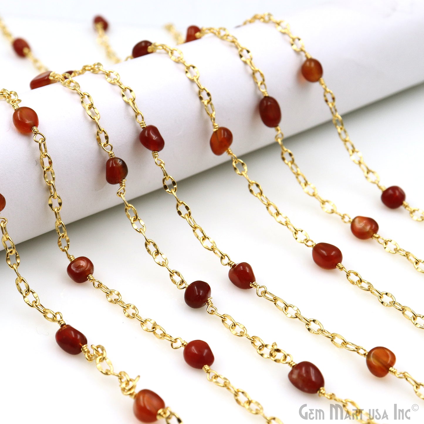 Carnelian Tumbled Beads 8x5mm Gold Plated Wire Wrapped Rosary Chain