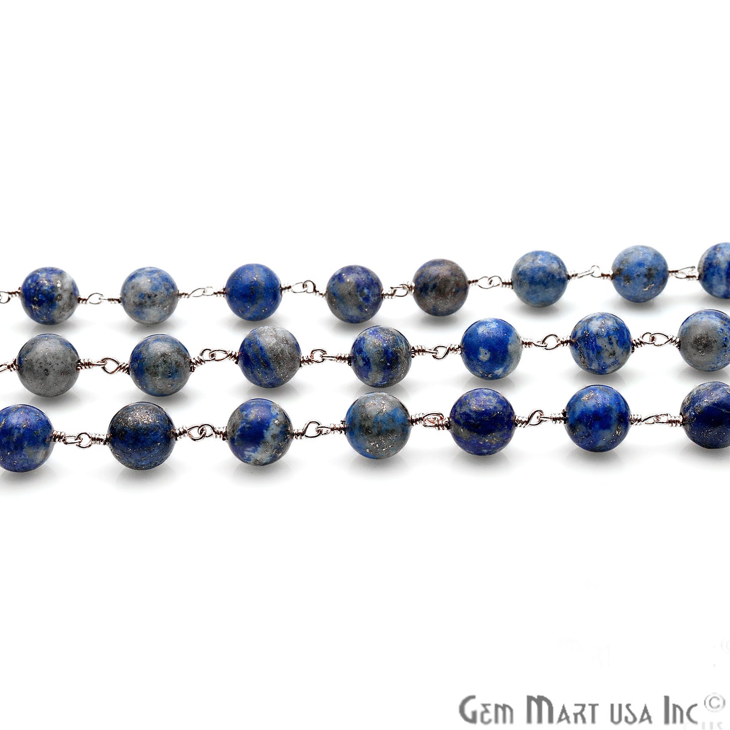 Lapis Smooth Beads 8mm Silver Plated Wire Wrapped Gemstone Rosary Chain - GemMartUSA