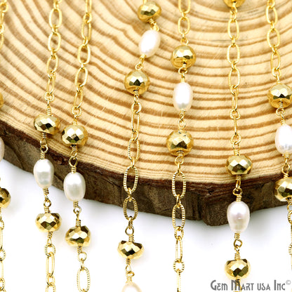 Golden Pyrite 6-7mm & Pearl Round Beads Gold Plated Finding Rosary Chain