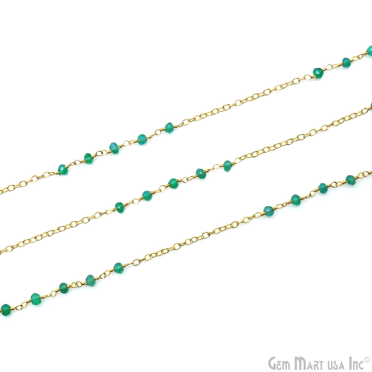 Green Onyx Faceted Gemstone Beaded Gold Plated Wire Wrapped Rosary Chain