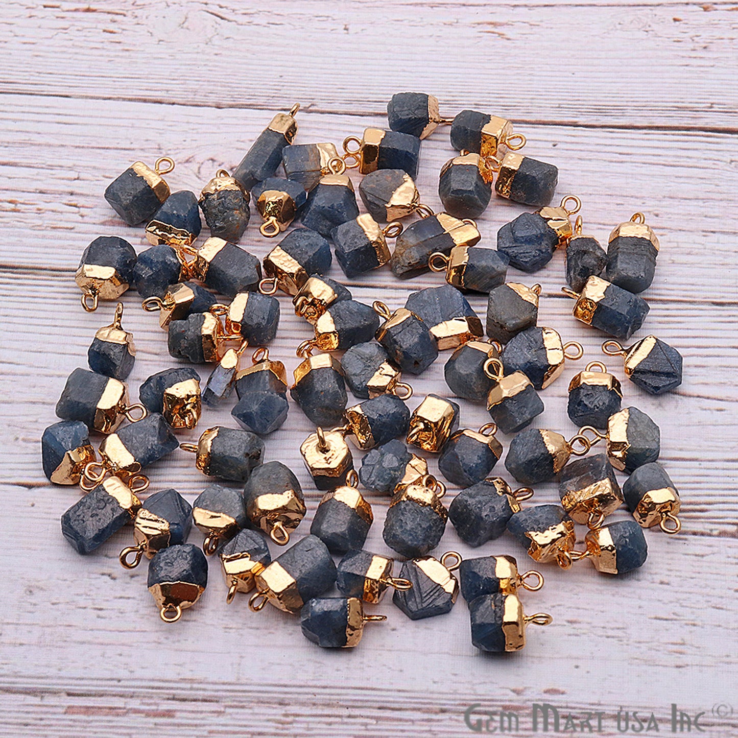 Rough Sapphire Gemstone 14x10mm Organic Gold Edged Single Bail Connector Charm - GemMartUSA