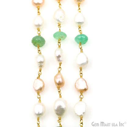 Chrysoprase & Pearl Faceted Beads Gold Plated Wire Wrapped Rosary Chain