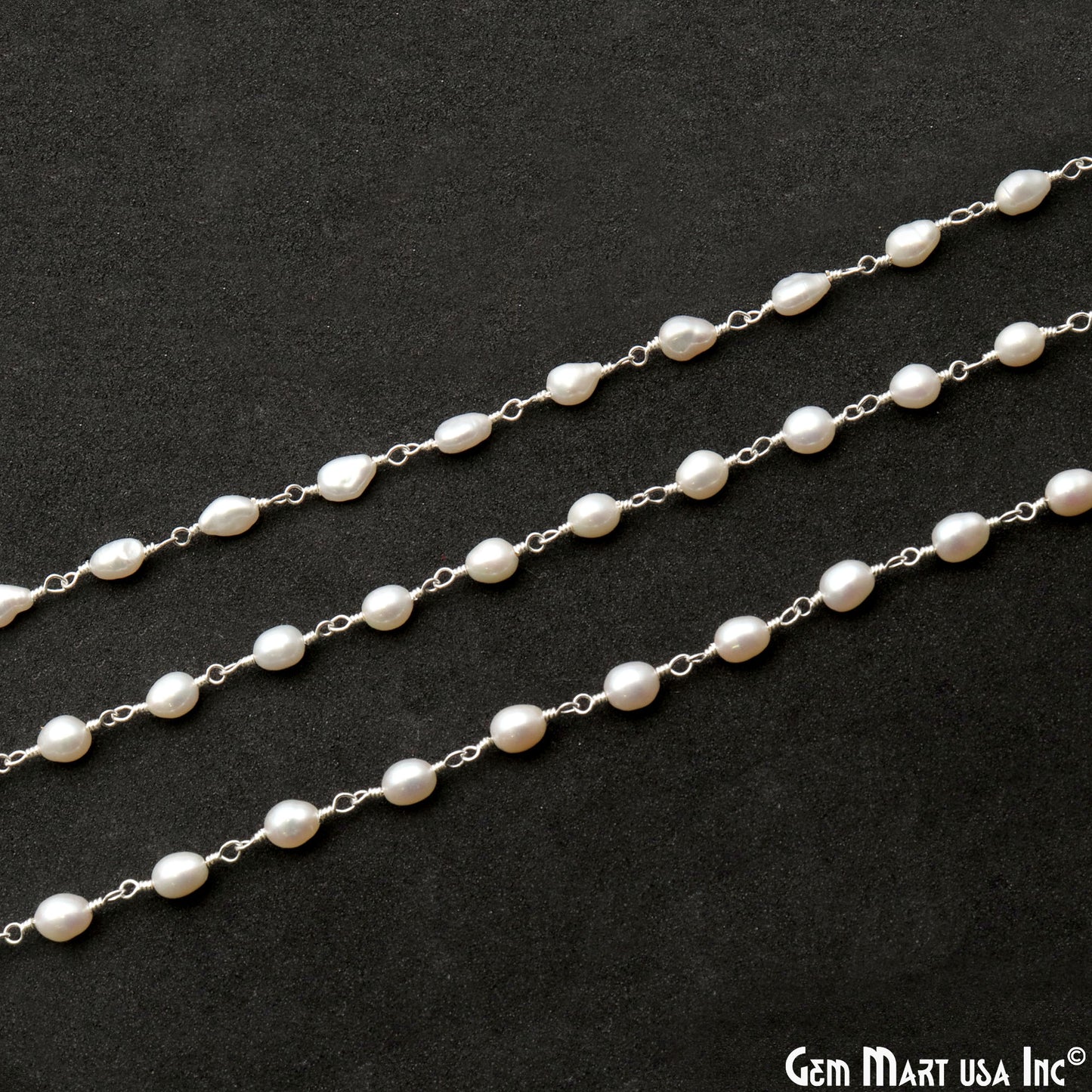 Pearl Free Form Beads 6x4mm Silver Plated Wire Wrapped Rosary Chain