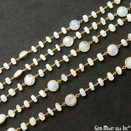 Rainbow Moonstone Cabochon Gold Plated Beads Rosary Chain