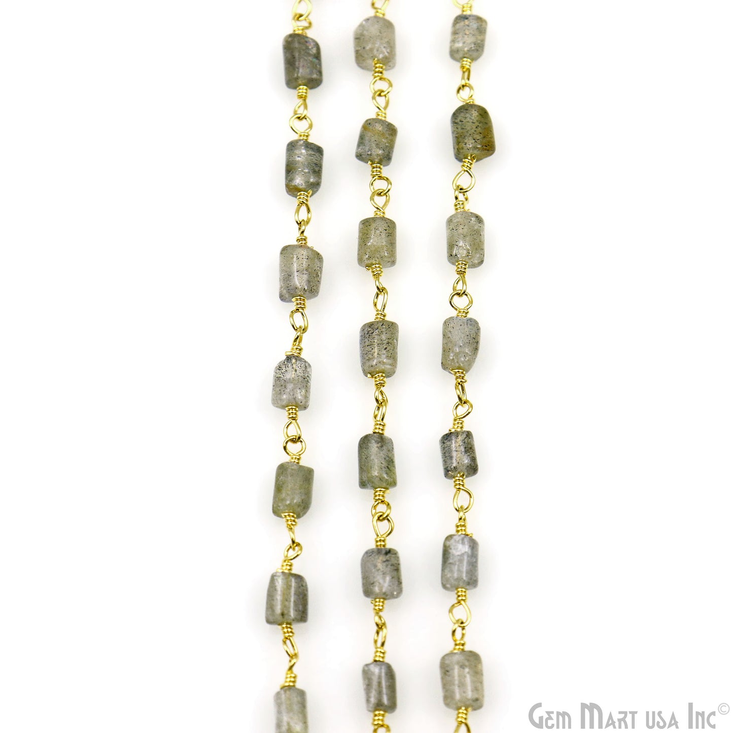 Labradorite Cabochon Tumble Beads 10x5mm Gold Plated Wire Wrapped Rosary Chain