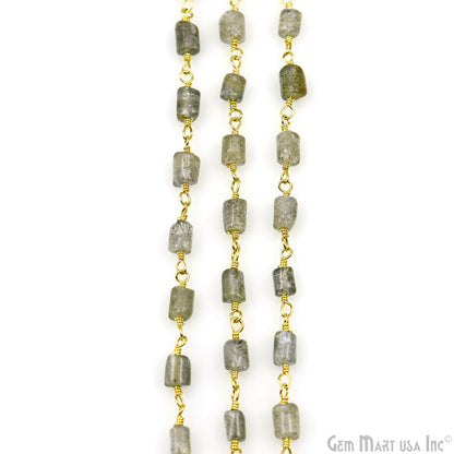 Labradorite Cabochon Tumble Beads 10x5mm Gold Plated Wire Wrapped Rosary Chain