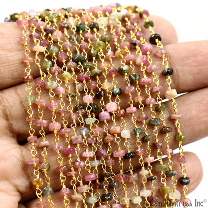 Multi Tourmaline Cabochon 3-3.5mm Gold Wire Wrapped Rosary Chain