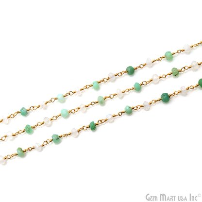 Chrysoprase With Rainbow Faceted 3-3.5mm Gold Wire Wrapped Beads Rosary Chain