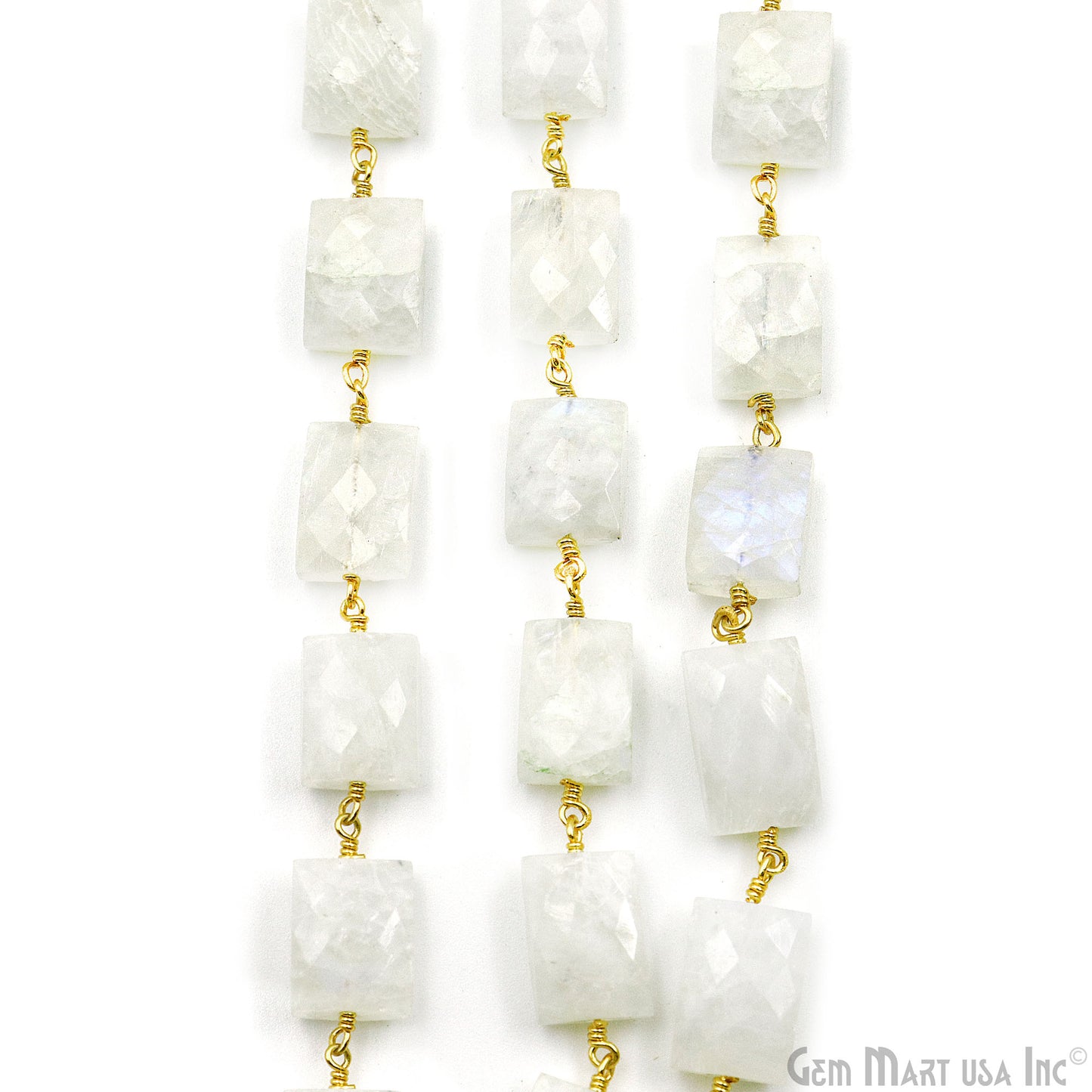 Rainbow Moonstone 7x9mm Square Shape Gold Wire Wrapped Rosary Chain