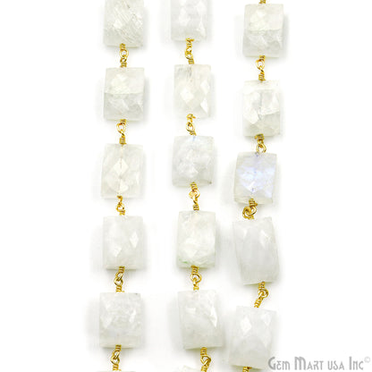 Rainbow Moonstone 7x9mm Square Shape Gold Wire Wrapped Rosary Chain